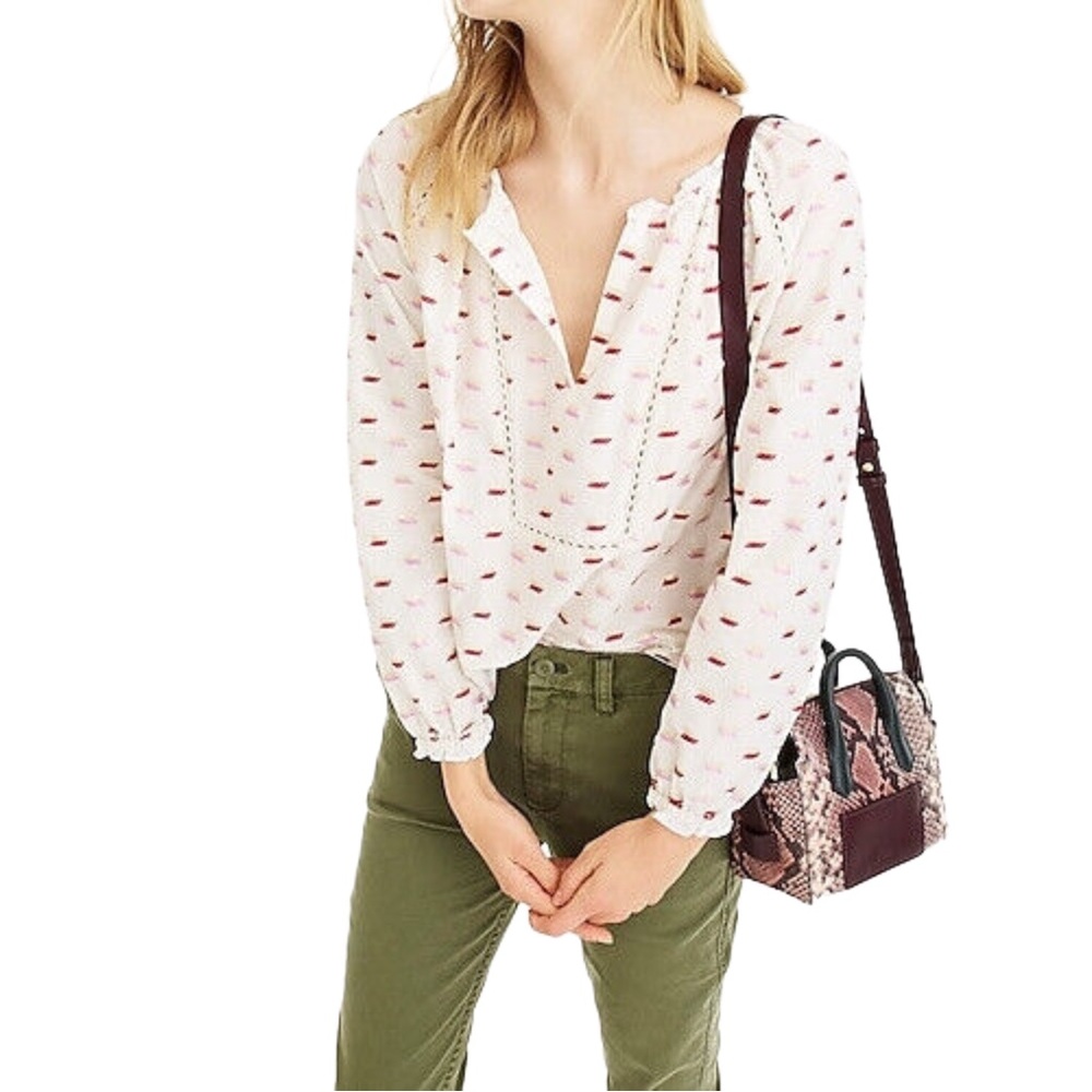 J. Crew Point Sur Ruffle-neck Popover Metallic Clip Dot Blouse